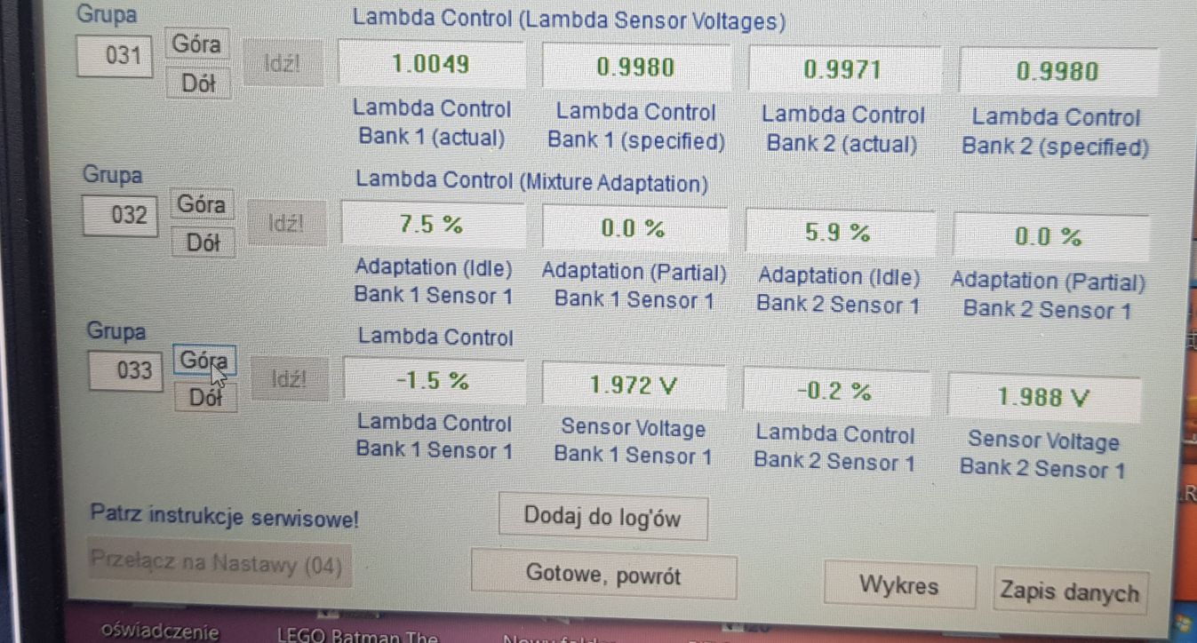 T<br />Parametry sondy lambda na biegu jałowym